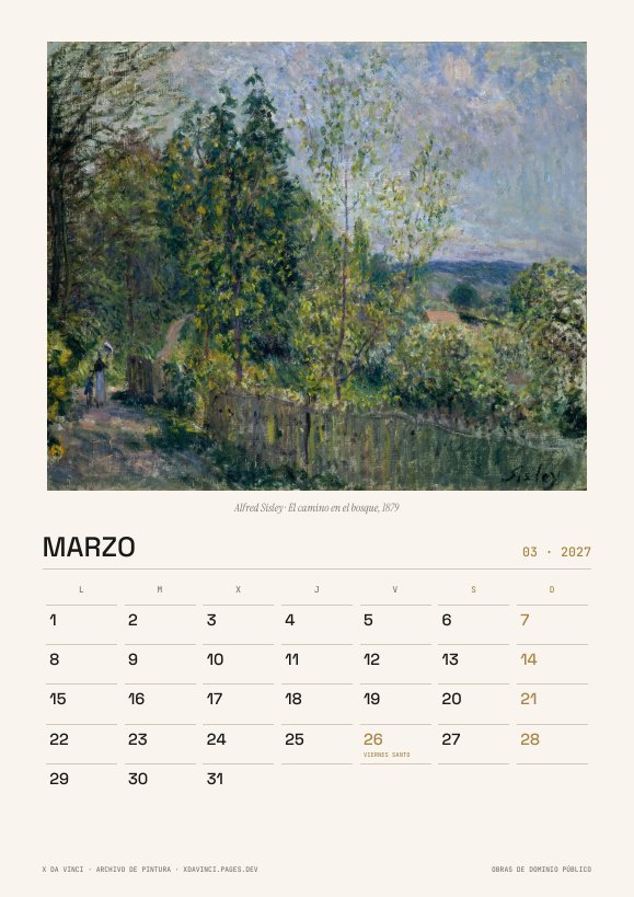 Una página del calendario Calendario 2027 · Un año impresionista