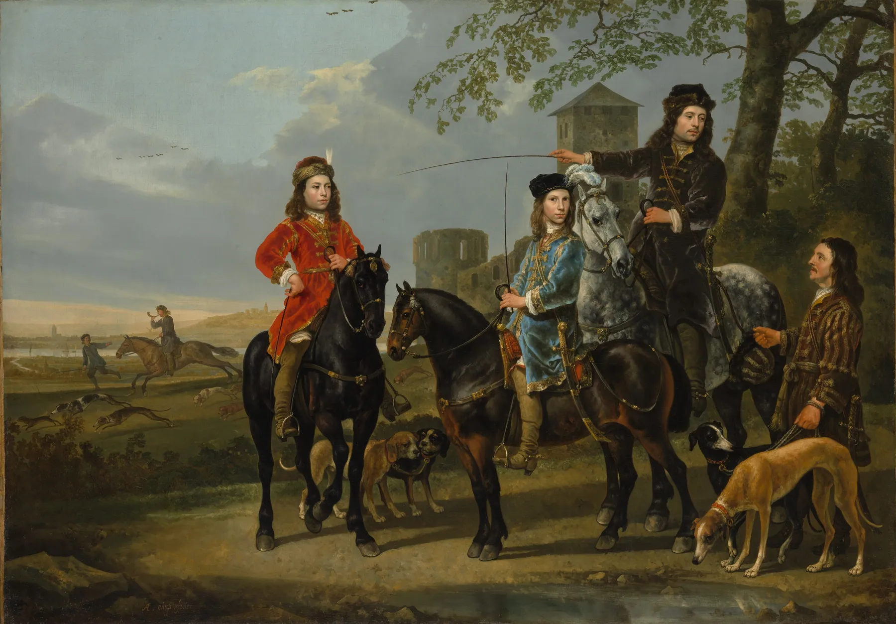 Retrato ecuestre de Cornelis (1639–1680) y Michiel Pompe van Meerdervoort (1638–1653) con su tutor y su cocher, de Aelbert Cuyp