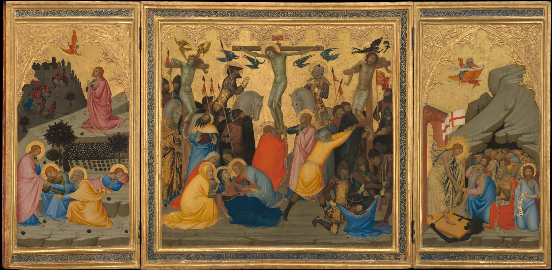 Escenas de la Pasión de Cristo, la Agonía en el Huerto, la Crucifixión y el Descenso al Limbo [tríptico comple, de Andrea di Vanni