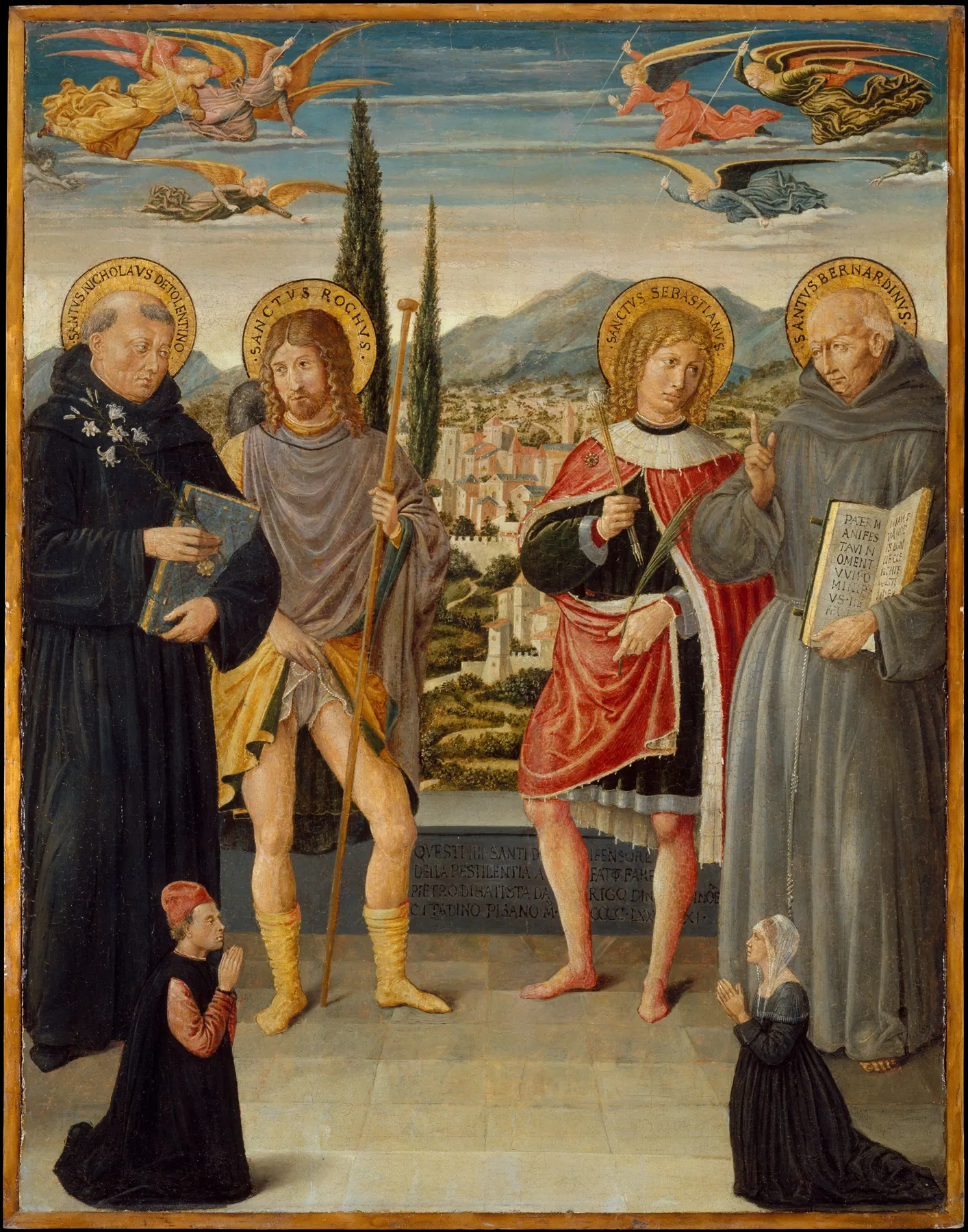San Nicolás de Tolentino, San Roque, San Sebastián y San Bernardino de Siena, con donantes arrodillados, de Benozzo Gozzoli