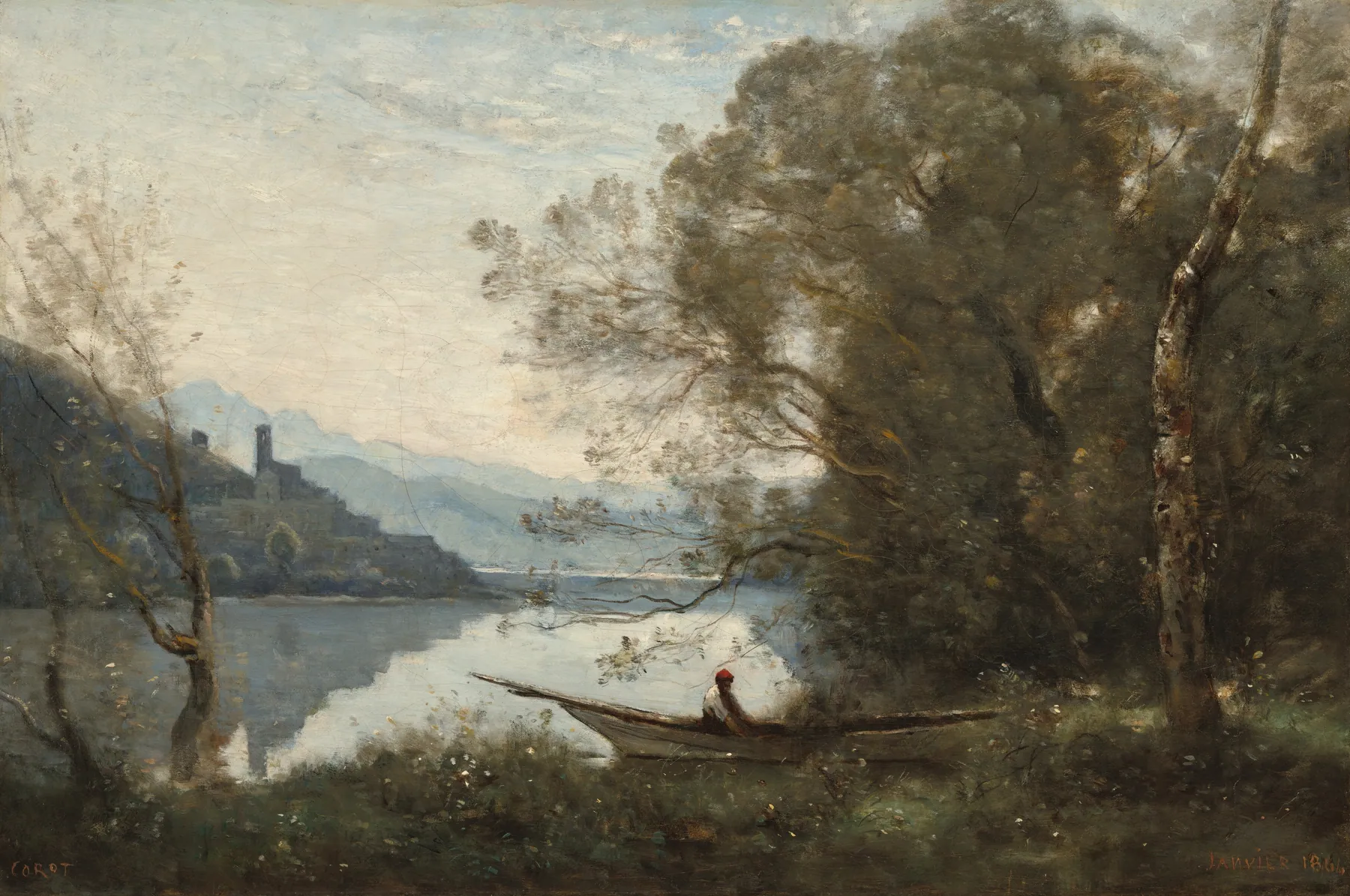 El barquero amarrado, recuerdo de un lago italiano, de Camille Corot