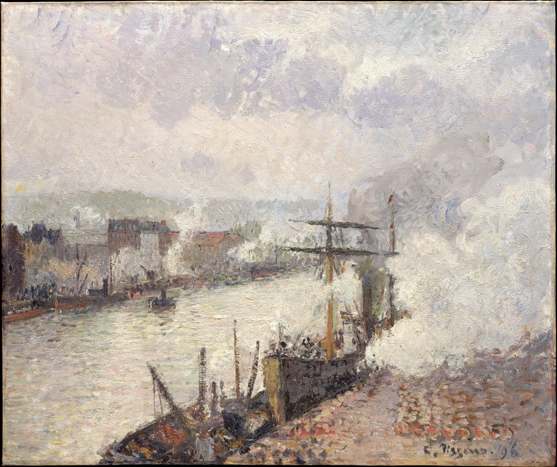 Barcos de vapor en el puerto de Ruán, de Camille Pissarro