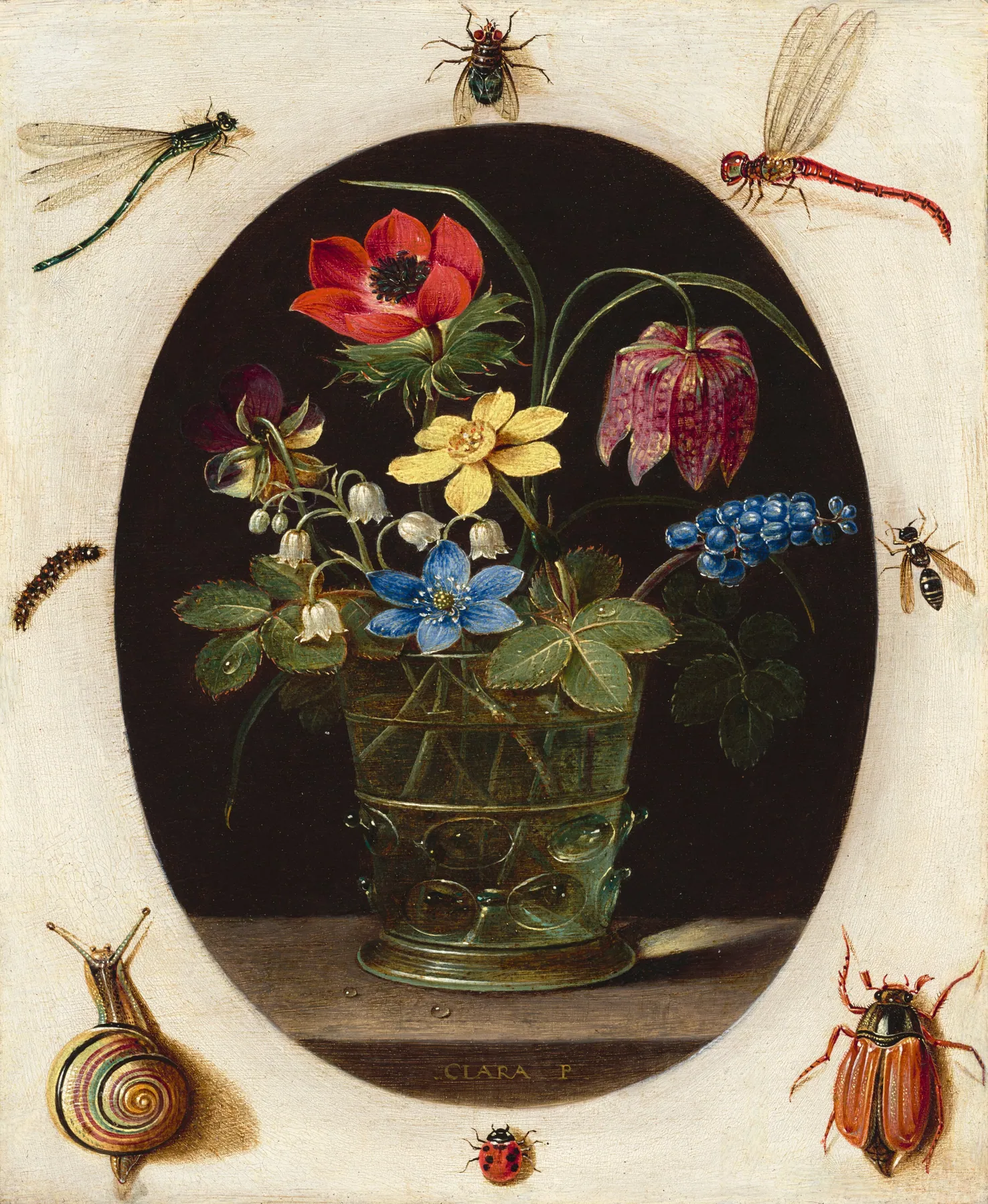 Naturaleza muerta con flores rodeadas de insectos y un caracol, de Clara Peeters
