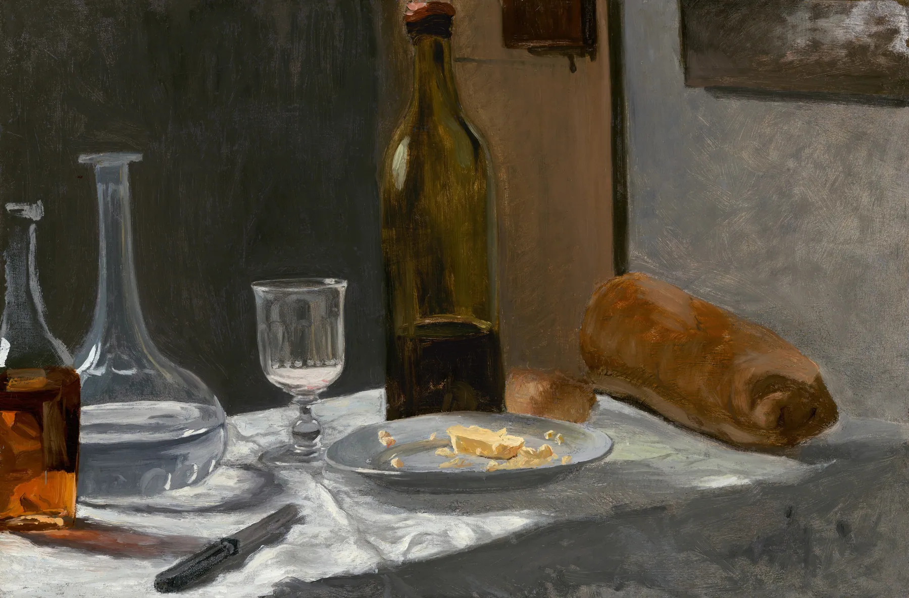 Bodegón con botella, garrafa, pan y vino, de Claude Monet