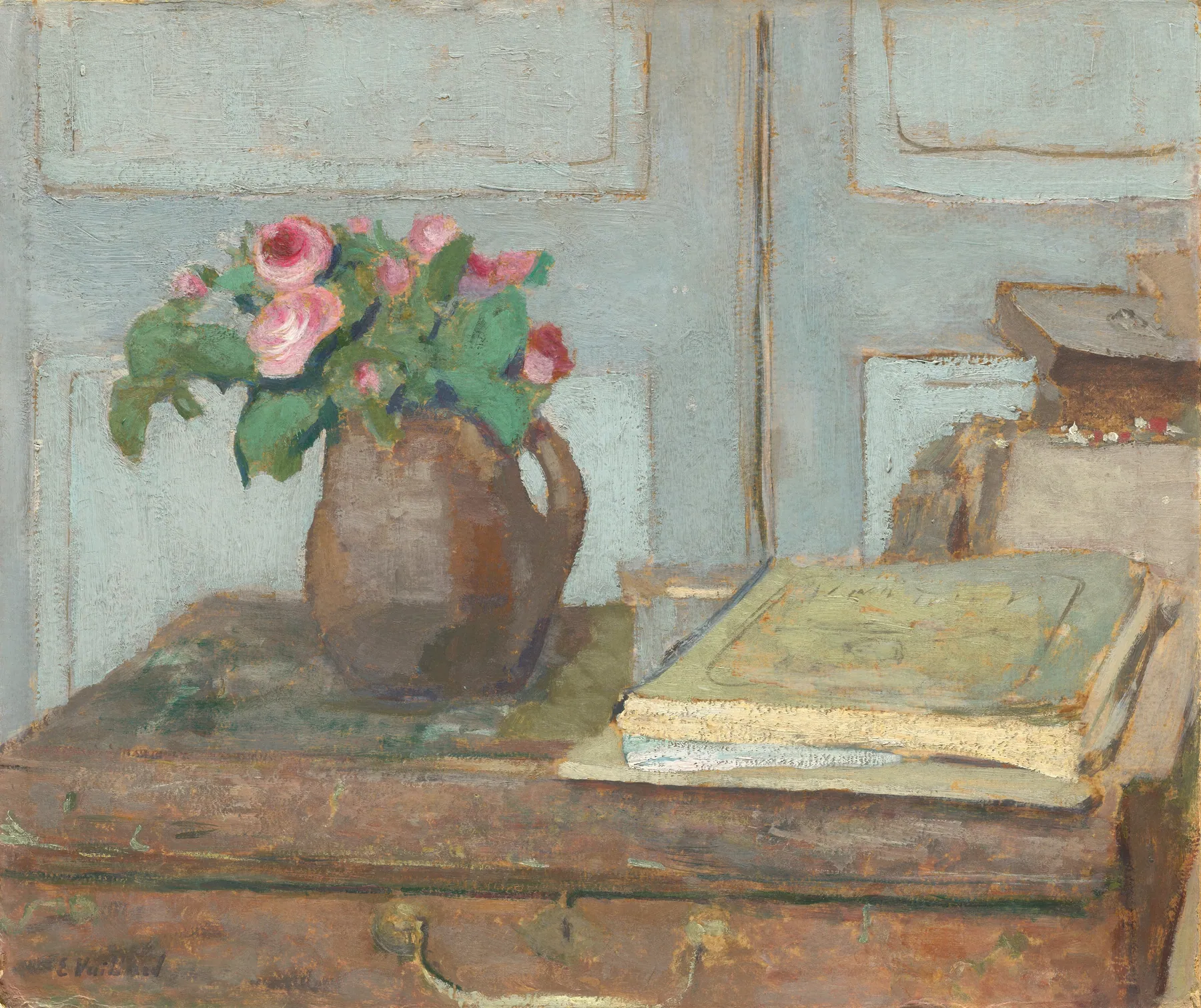 La caja de pinturas del artista y rosas musgosas, de Édouard Vuillard