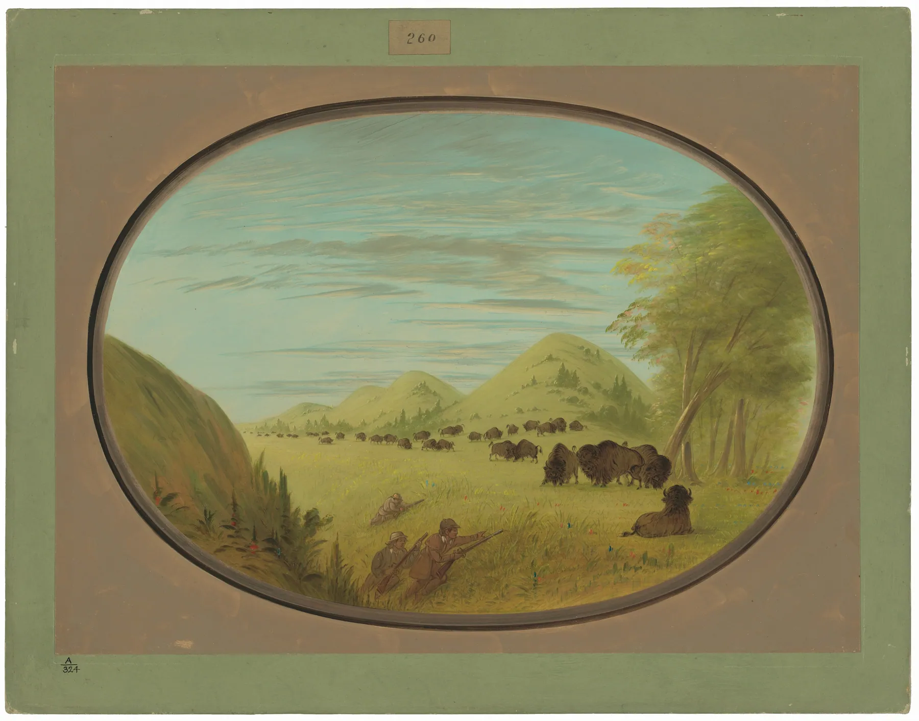 Catlin y dos compañeros cazando búfalos, de George Catlin