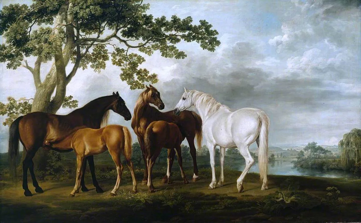 Yeguas y potros en un paisaje fluvial, de George Stubbs