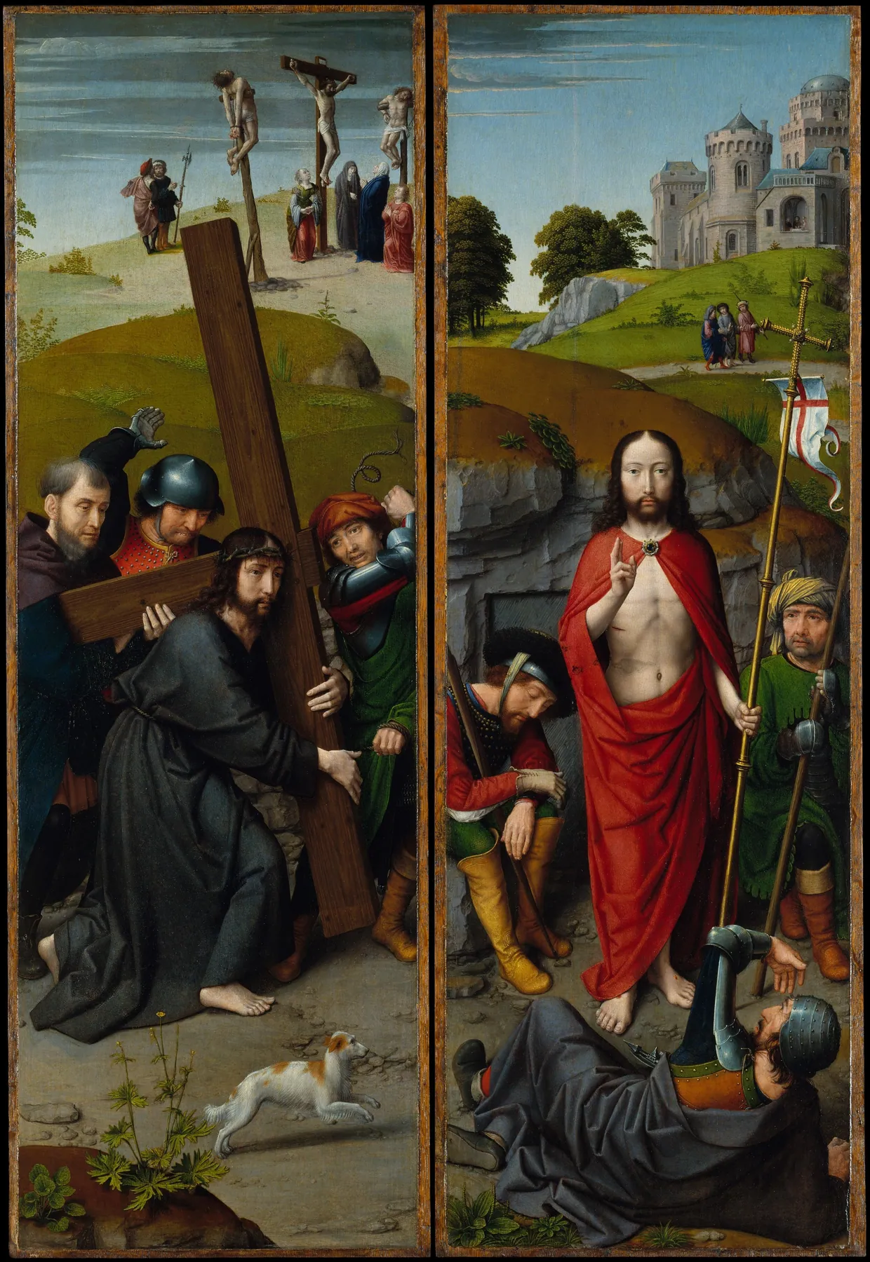 Cristo camino del Calvario, con la Crucifixión; La Resurrección, con los peregrinos de Emaús, de Gerard David