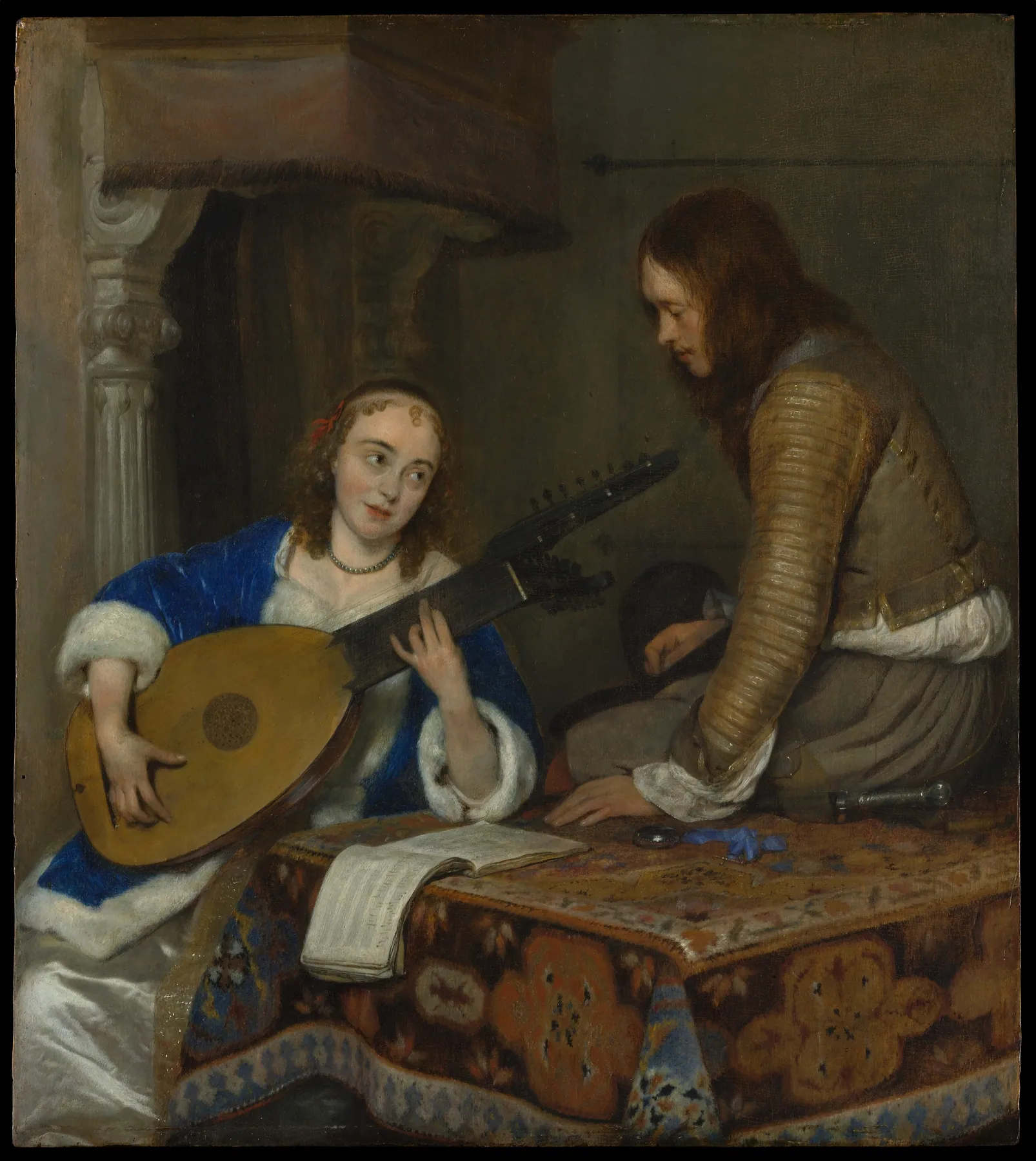 Una mujer tocando la tiorba y un caballero, de Gerard ter Borch