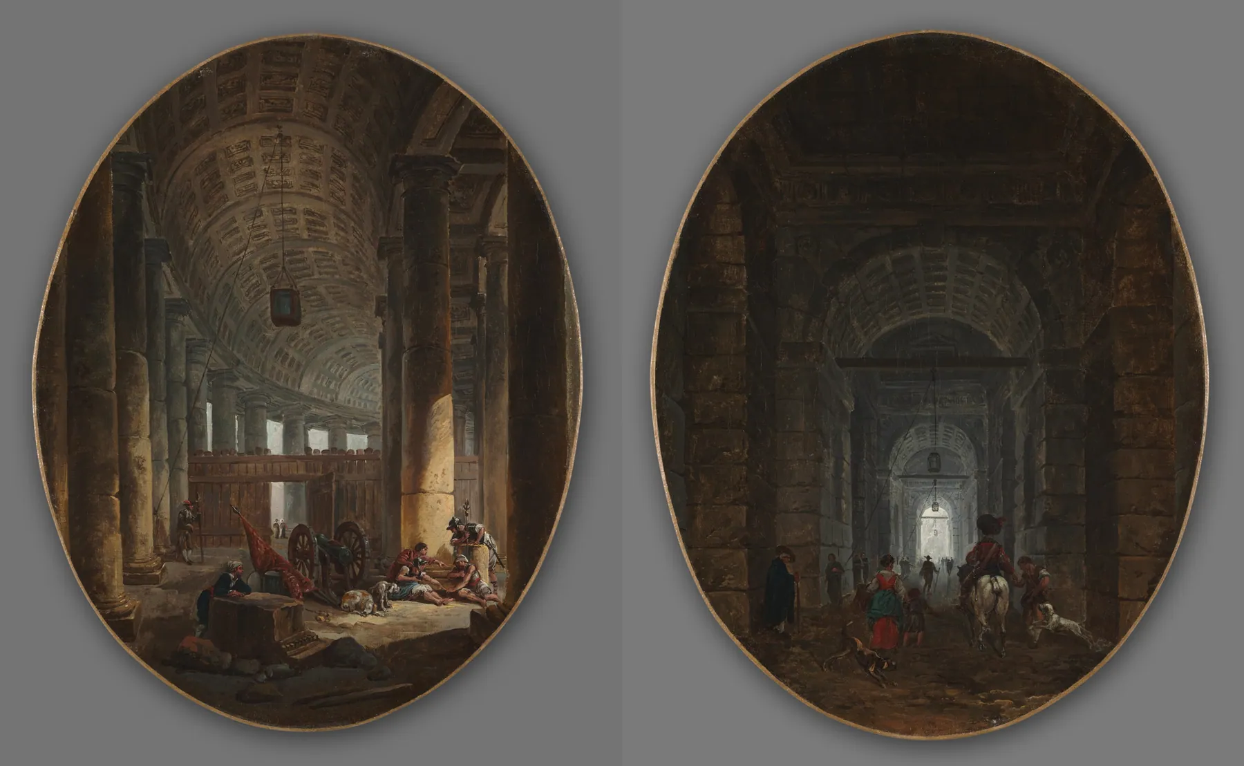 Pareja de pinturas, La columnata de San Pedro, Roma, durante el cónclave y La gruta de Posillipo, de Hubert Robert