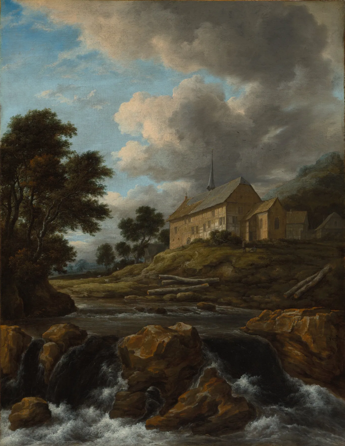 Paisaje con una iglesia junto a un torrente, de Jacob van Ruisdael