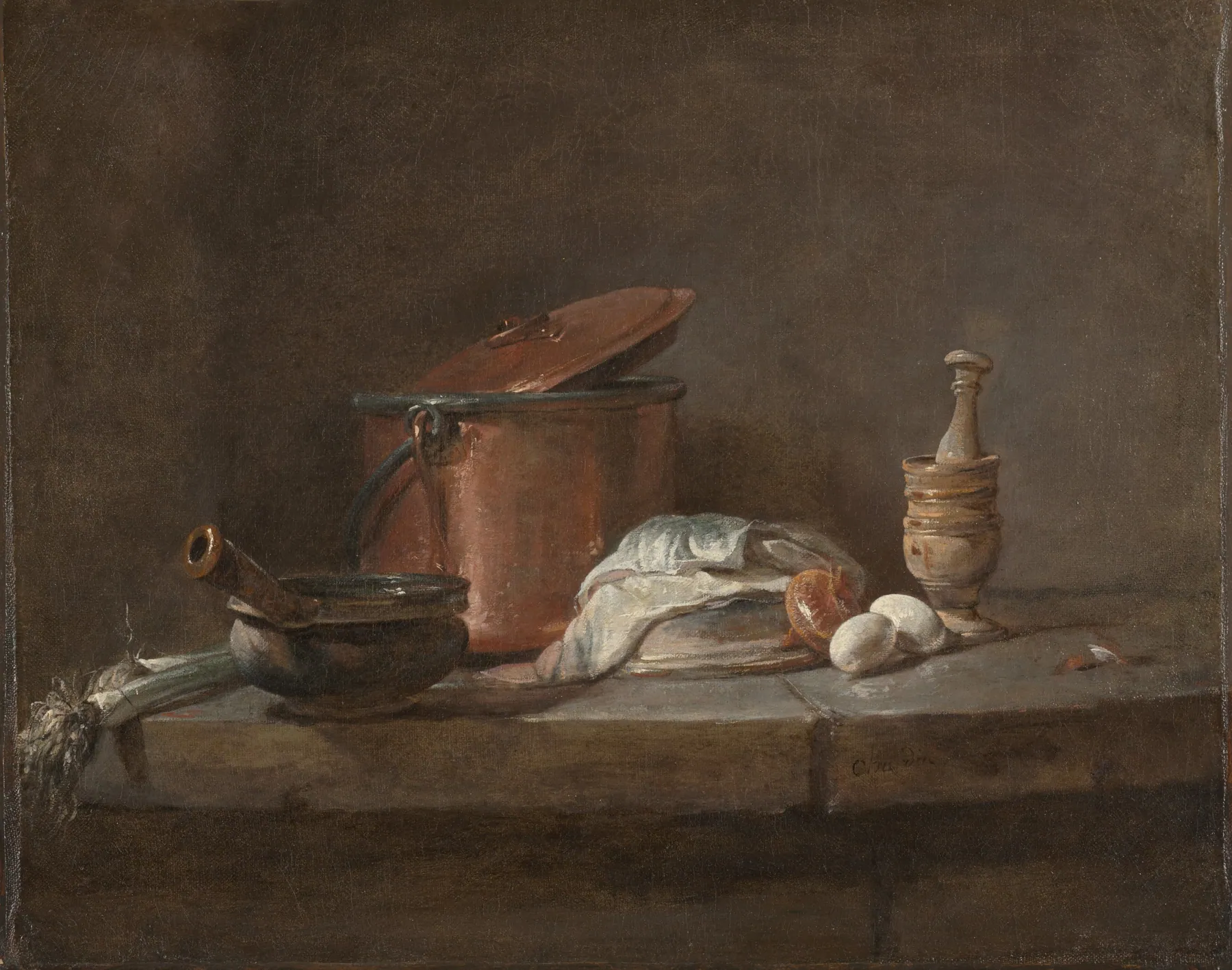 Utensilios de cocina con puerros, pescado y huevos, de Jean-Baptiste-Siméon Chardin