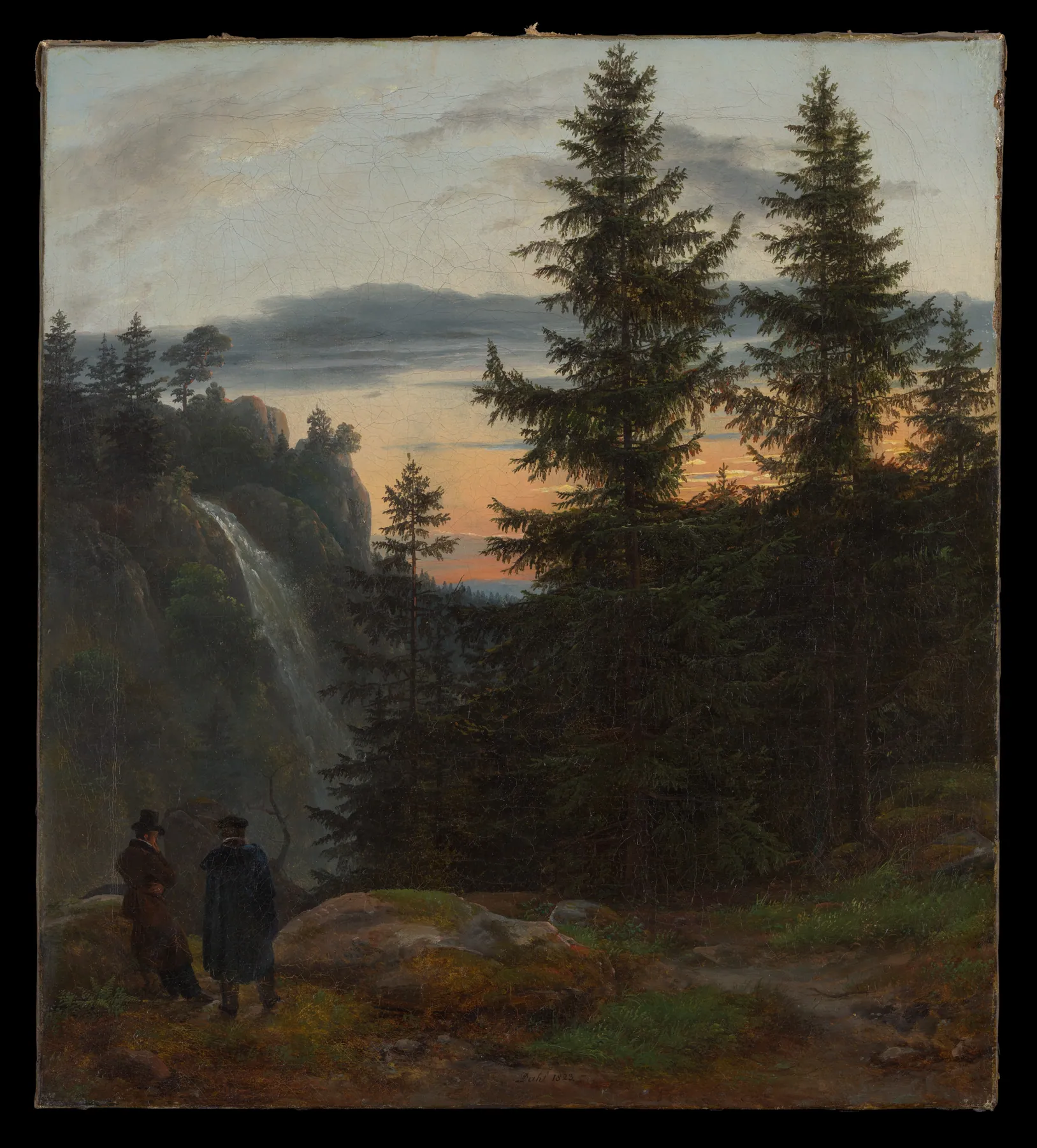 Dos hombres ante una cascada al atardecer, de Johan Christian Dahl