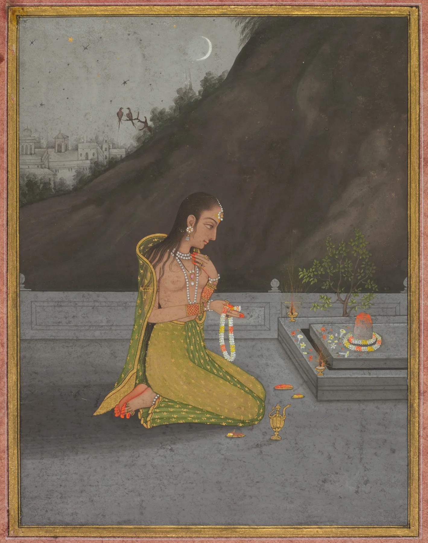 Una escena nocturna de Shiva Puja (recto), de Muhammad Rizavi Hindi