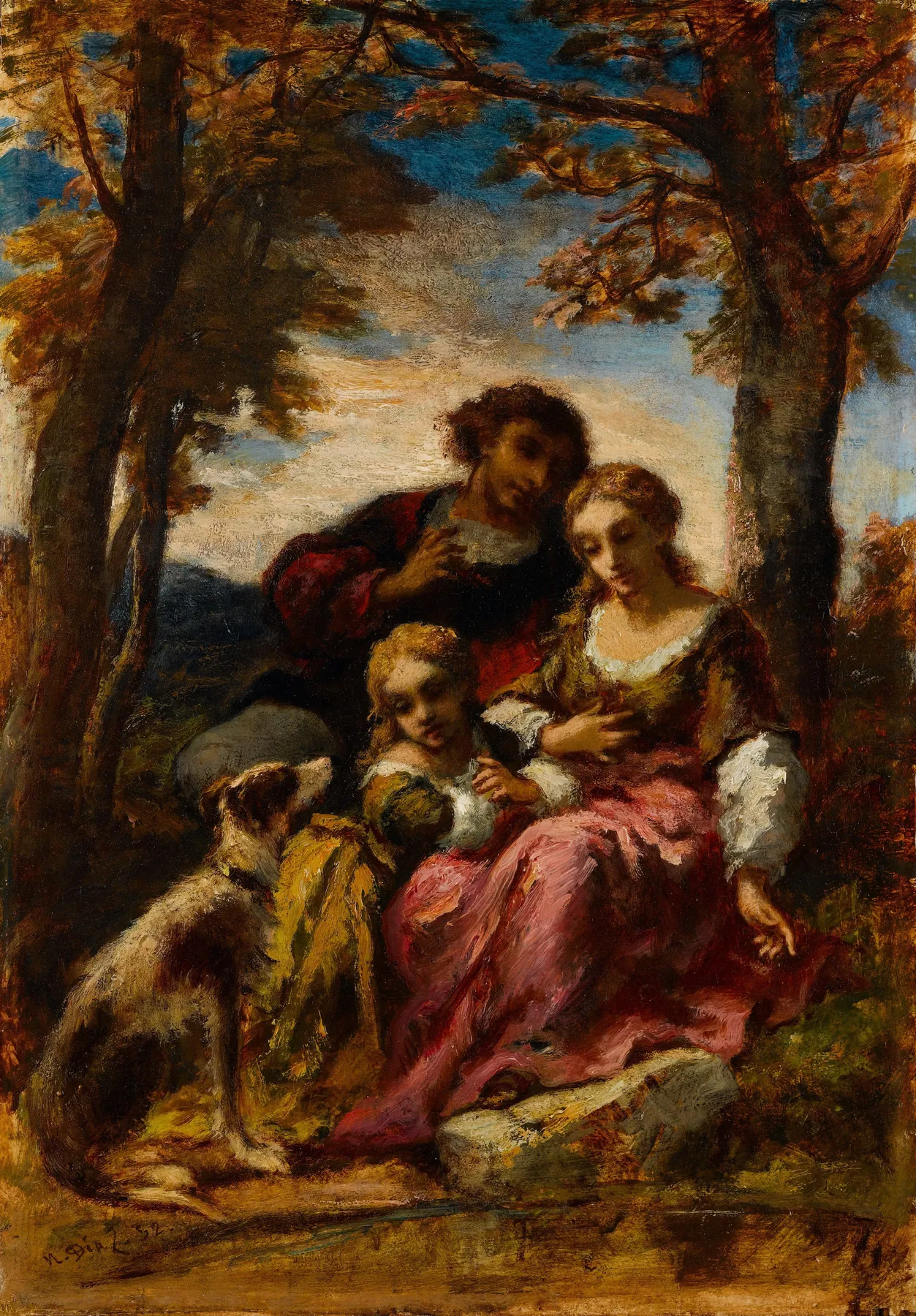 Figuras y un perro en un paisaje, de Narcisse-Virgile Diaz de la Peña