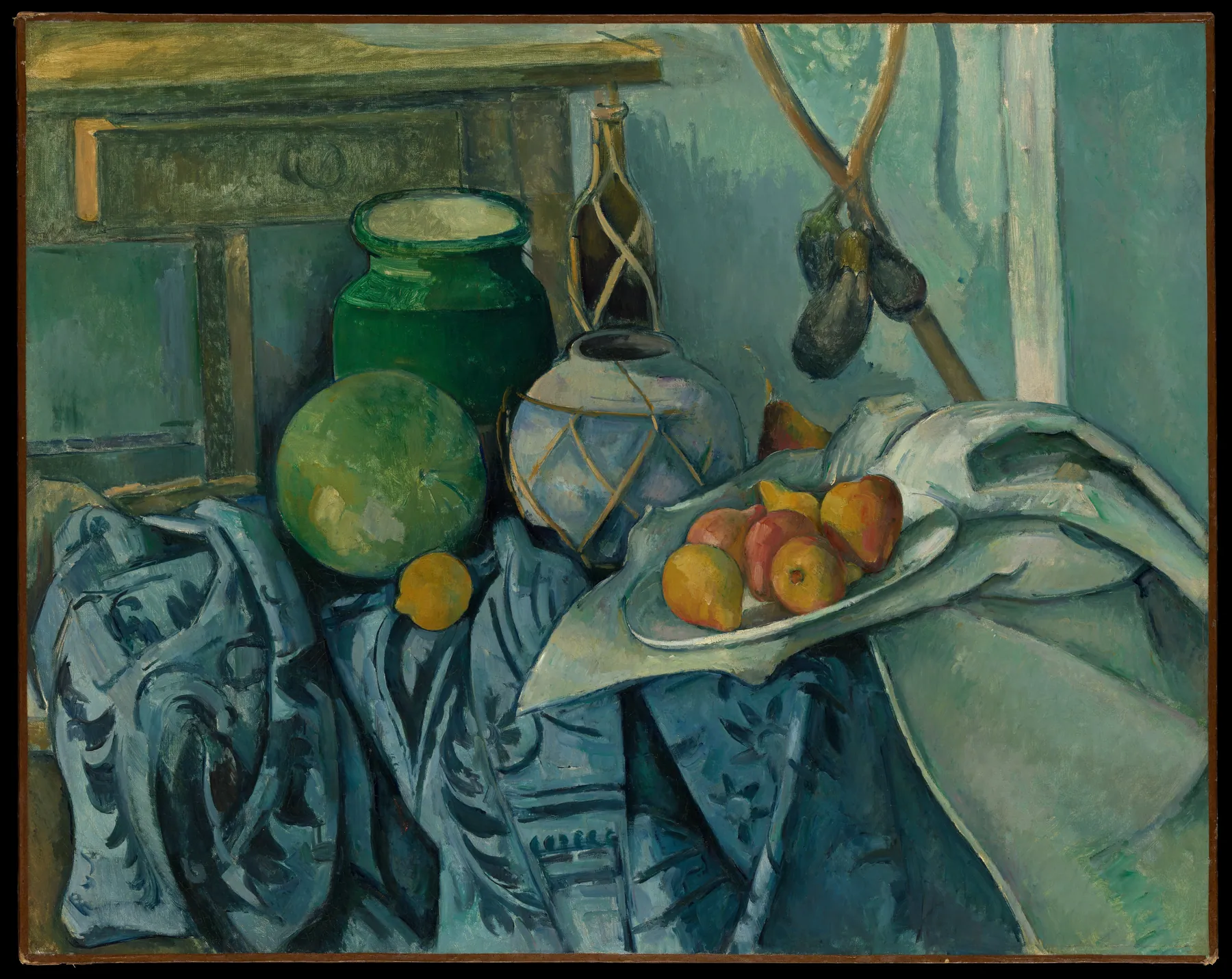Bodegón con tarro de jengibre y berenjenas, de Paul Cézanne