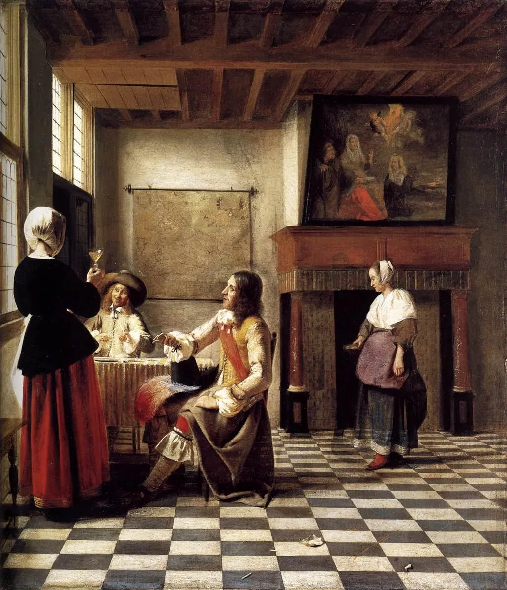 Mujer bebiendo con dos hombres, de Pieter de Hooch