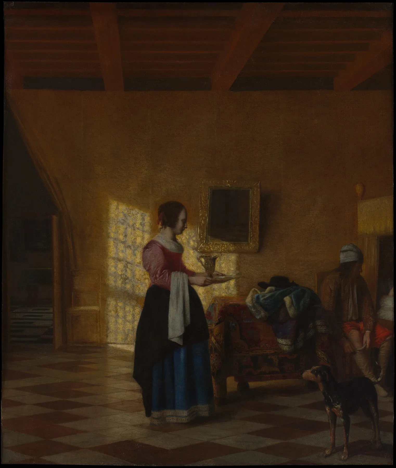 Mujer con un jarro de agua, y un hombre junto a una cama, de Pieter de Hooch