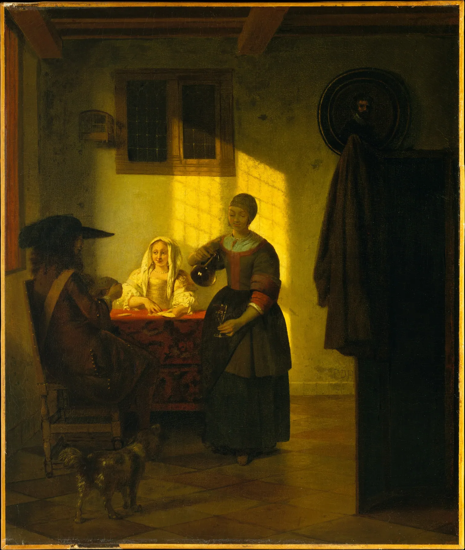Una pareja jugando a las cartas, con una sirvienta, de Pieter de Hooch