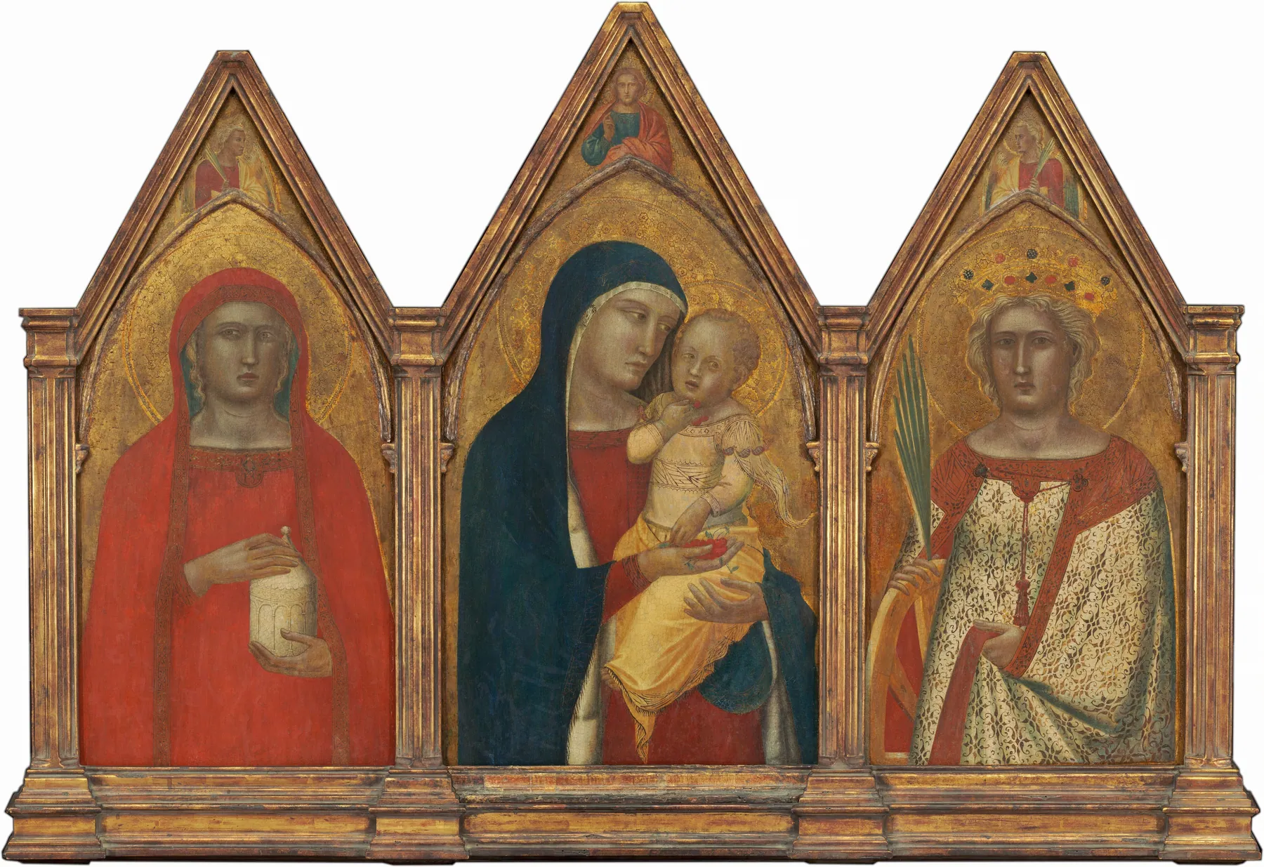 Virgen con el Niño bendiciendo, y las santas María Magdalena y Catalina de Alejandría con ángeles [tríptico co, de Pietro Lorenzetti