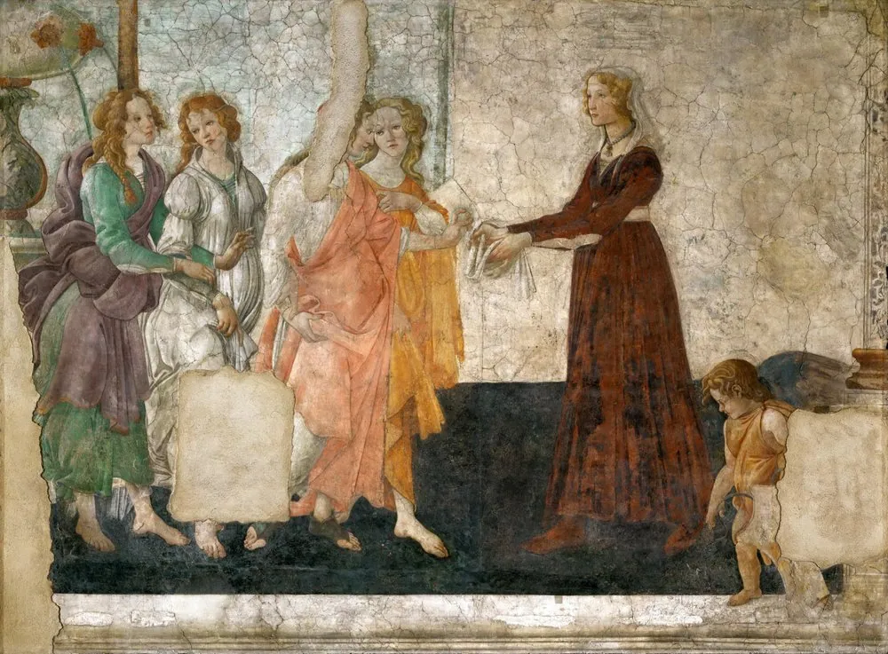 Venus y las tres Gracias ofreciendo regalos a una joven, de Sandro Botticelli