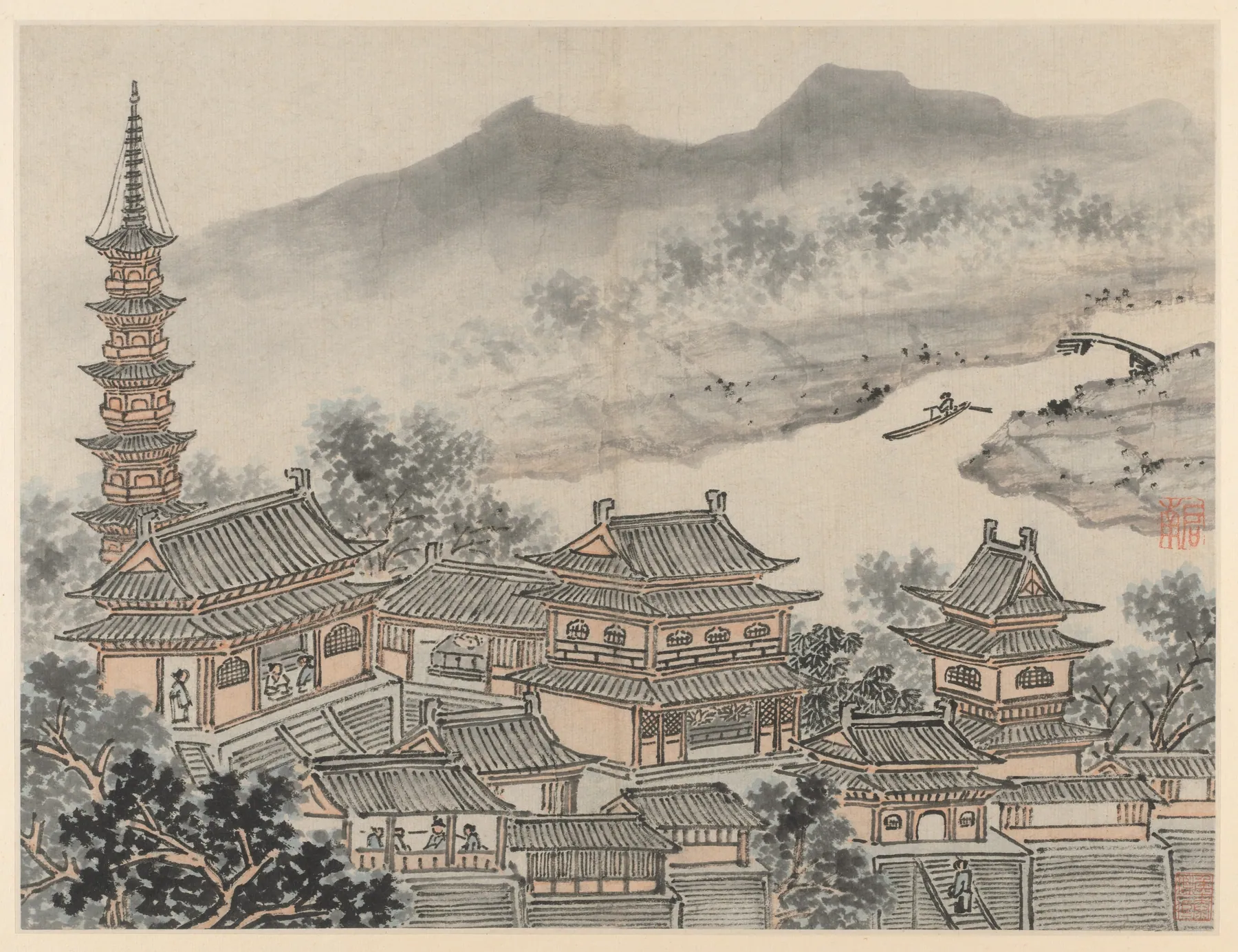 El Salón de los Mil Budas y la pagoda del monasterio del 'Acantilado de las Nubes', de Doce vistas de la colin, de Shen Zhou