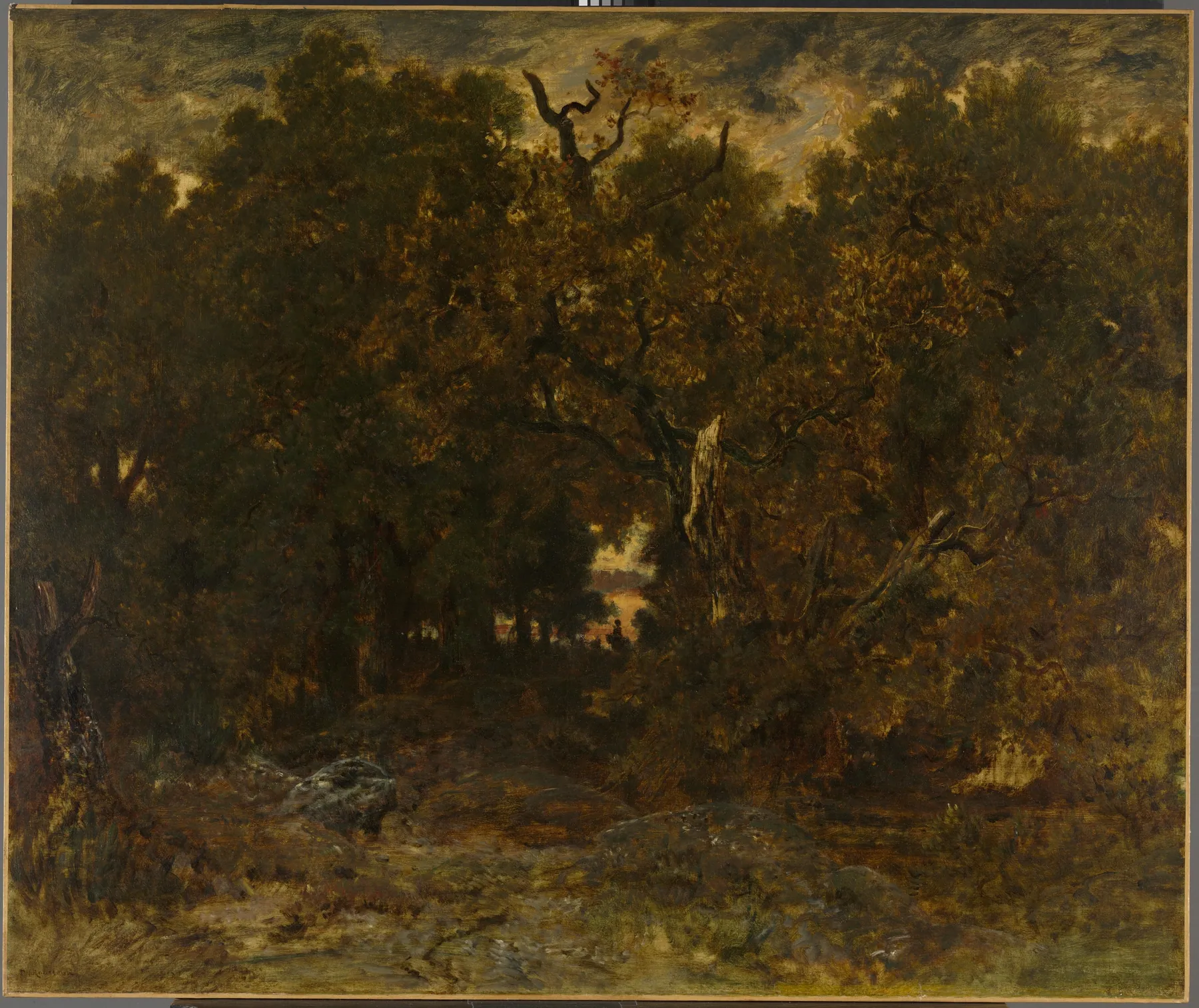 Saliendo del bosque de Fontainebleau, puesta de sol, de Théodore Rousseau