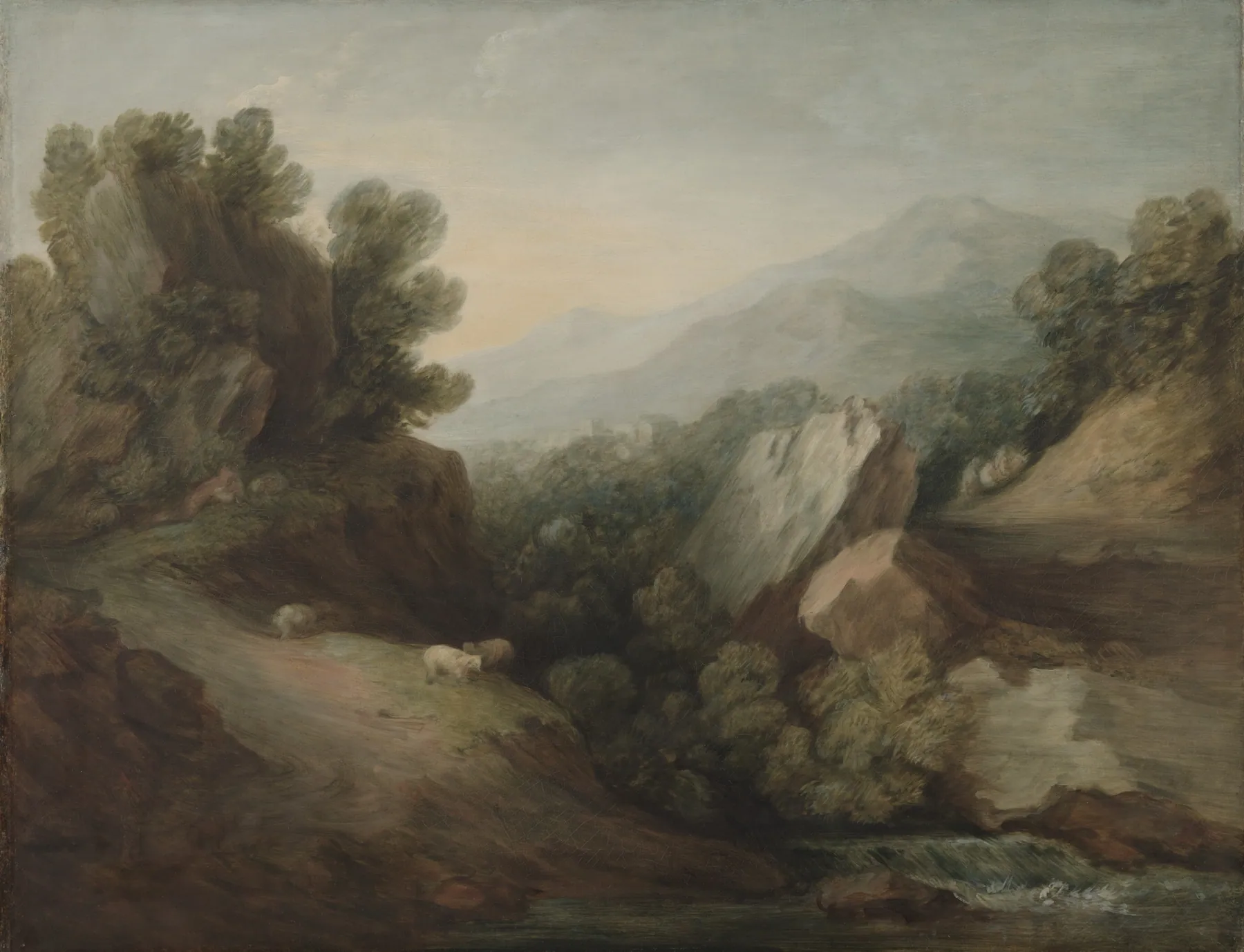 Paisaje rocoso y boscoso con hondonada y presa, de Thomas Gainsborough