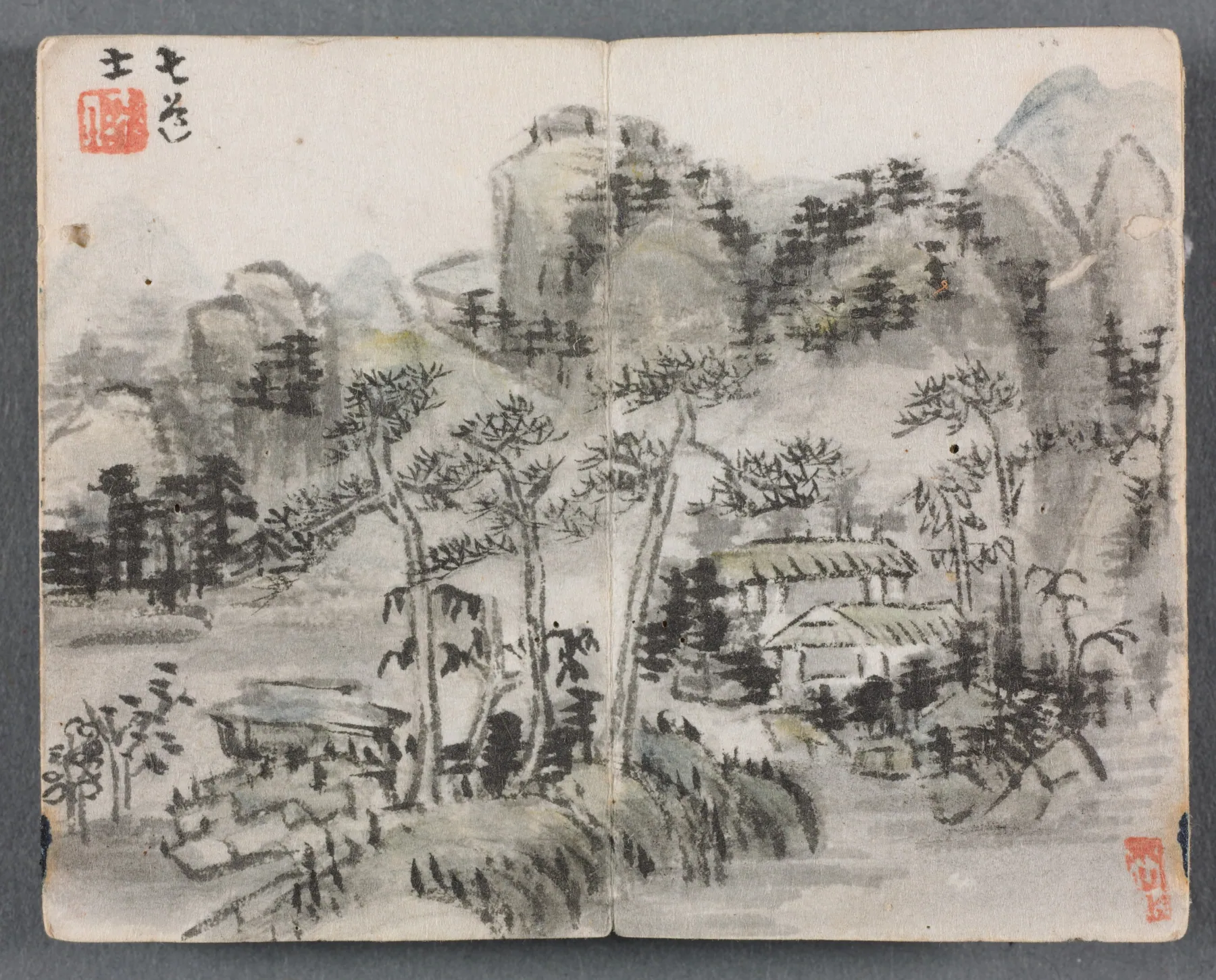 Álbum en miniatura con figuras y paisaje (Paisaje con dos edificios), de Zeng Yandong