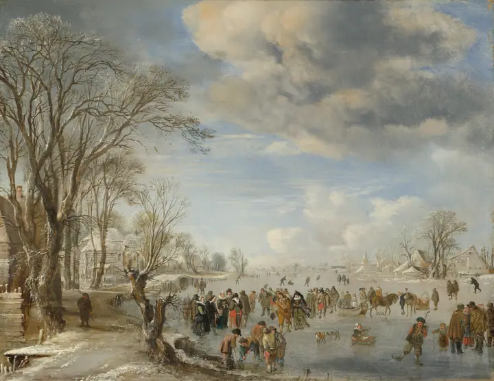 Invierno en Holanda, escena de patinaje, Aert van der Neer