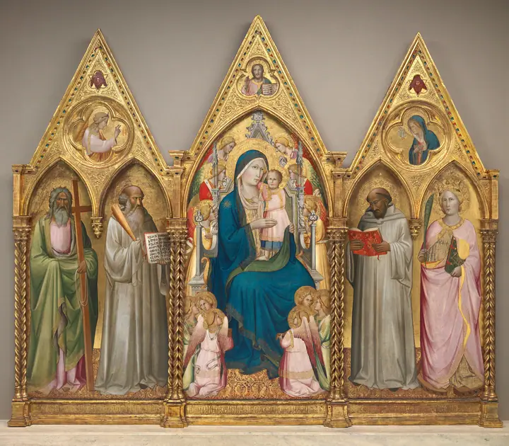 La Virgen con el Niño y los santos Andrés, Benito, Bernardo y Catalina de Alejandría con ángeles [tríptico com, Agnolo Gaddi