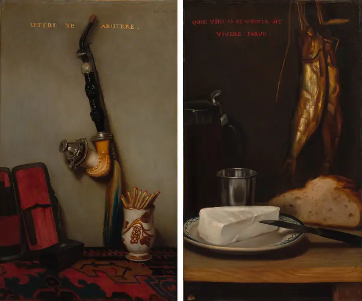 Bodegón con pipa y cerillas y Bodegón con arenque, pan y queso (pareja), Alexandre-Gabriel Decamps
