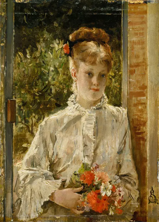 Mujer joven de blanco con un ramo, Alfred Stevens