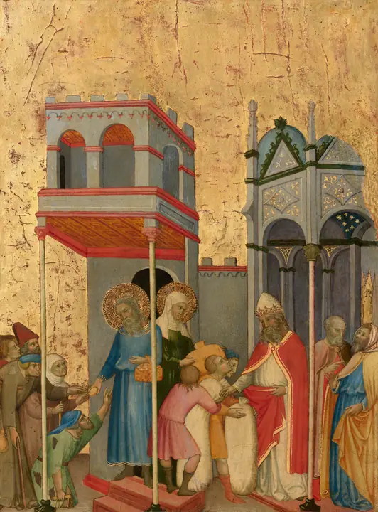 Joaquín y Ana dando alimento a los pobres y ofrendas al Templo, Andrea di Bartolo