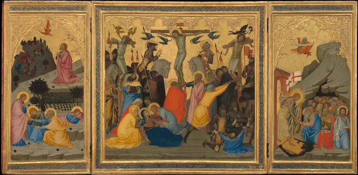 Escenas de la Pasión de Cristo, la Agonía en el Huerto, la Crucifixión y el Descenso al Limbo [tríptico comple, Andrea di Vanni