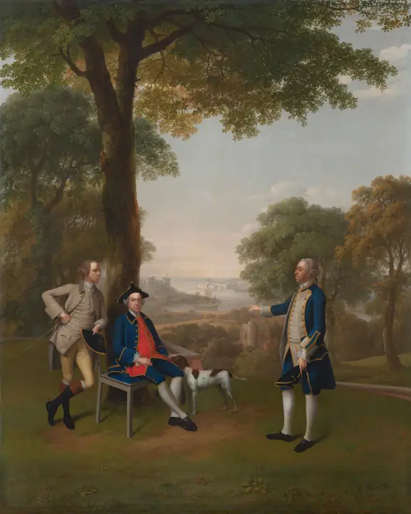 Arthur Holdsworth conversando con Thomas Taylor y el capitán Stancombe junto al río Dart, Arthur Devis