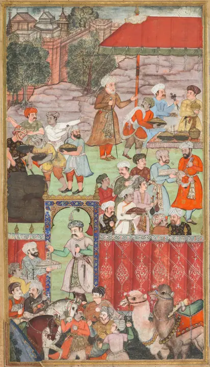 Un banquete en honor a Babur ofrecido por su medio hermano Jahangir Mirza en Gazni en mayo de 1505, de un Babu, Basavana