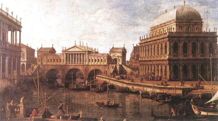 Capriccio con puente gótico, Canaletto