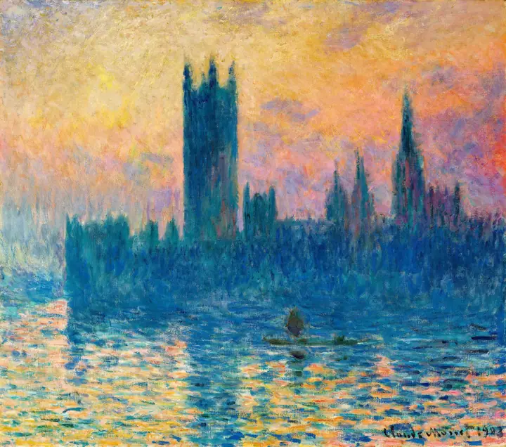 Casas del Parlamento, atardecer soleado, Claude Monet