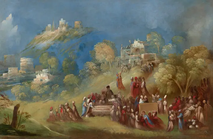 Los troyanos construyendo el templo a Venus y haciendo ofrendas en la tumba de Anquises en Sicilia, Dosso Dossi