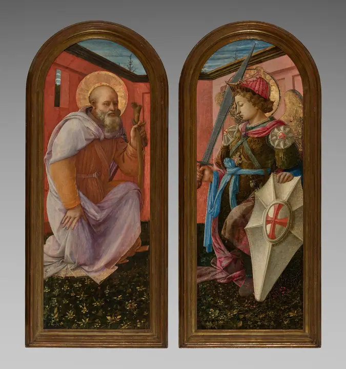 Pareja de paneles de un tríptico, el arcángel Miguel y San Antonio Abad, Fra Filippo Lippi