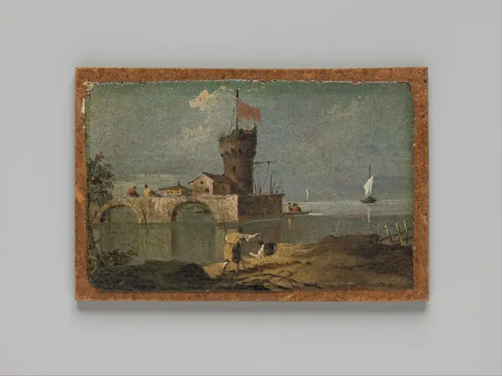 Capricho con una torre circular, dos casas y un puente, Francesco Guardi
