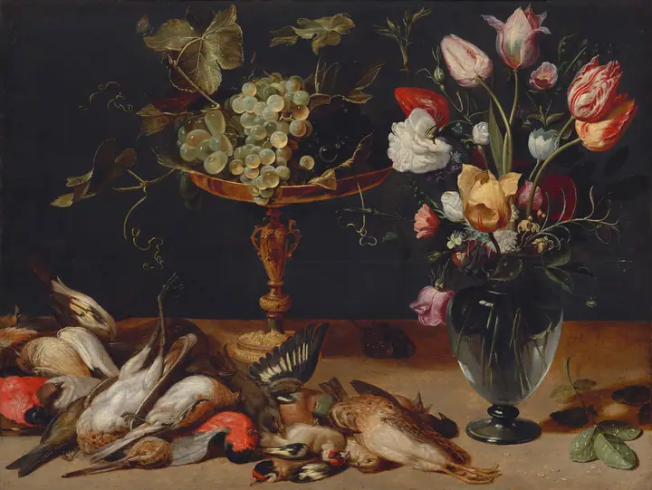 Naturaleza muerta con flores, uvas y pequeñas aves de caza, Frans Snyders