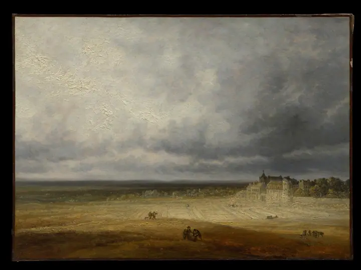Paisaje con campo arado y una aldea, Georges Michel
