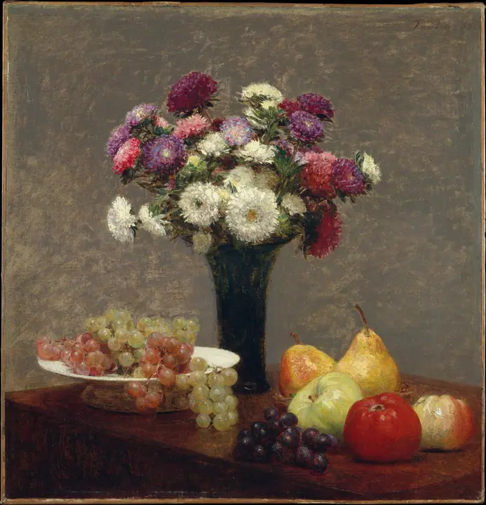 Asteres y fruta sobre una mesa, Henri Fantin-Latour