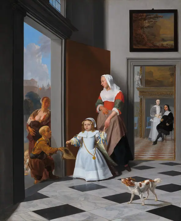 Una nodriza y un niño en un vestíbulo elegante, Jacob Ochtervelt