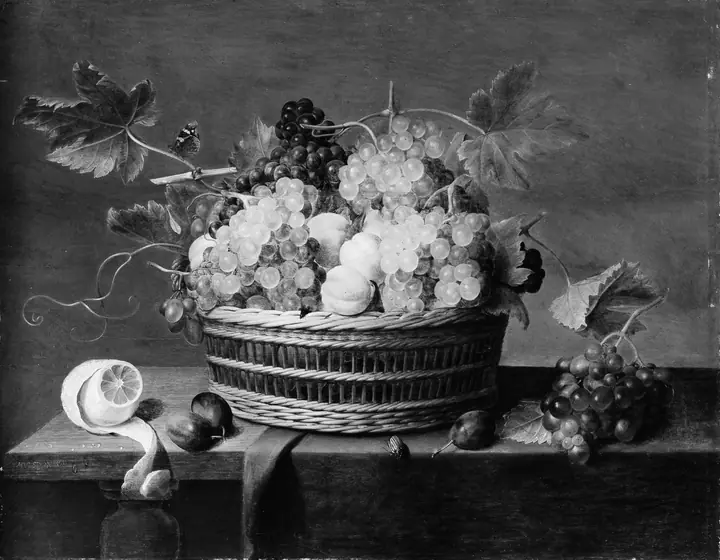 Bodegón, una cesta de uvas y otras frutas, Jacob van Hulsdonck