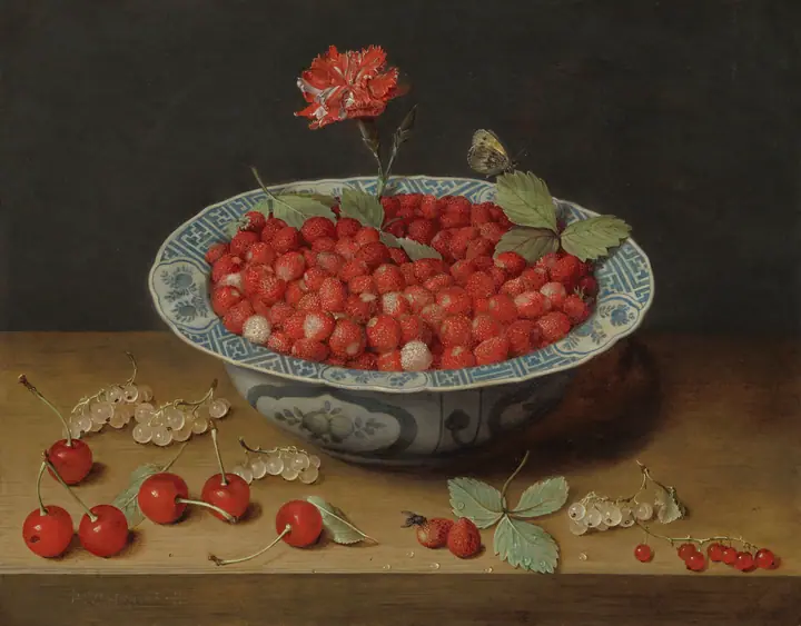 Fresas silvestres y un clavel en un cuenco Wan-Li, Jacob van Hulsdonck