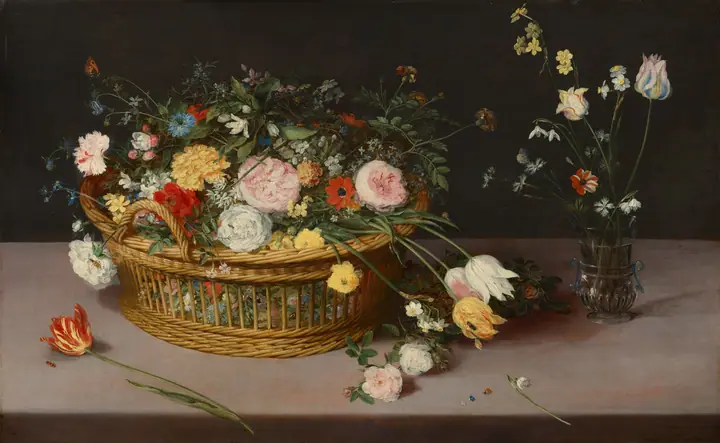 Flores en una cesta y un jarrón, Jan Brueghel el Viejo