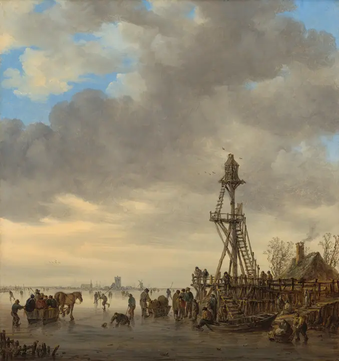 Escena de hielo junto a una torre de observación de madera, Jan van Goyen